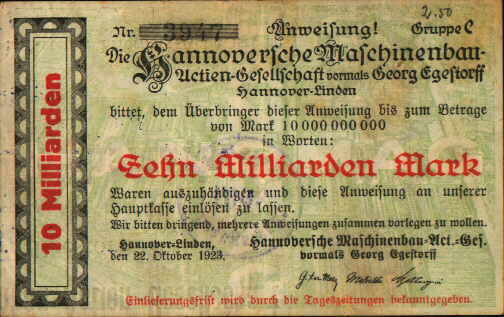 Vorderseite: 10Mrd. Mark  auf RS einer Aktie