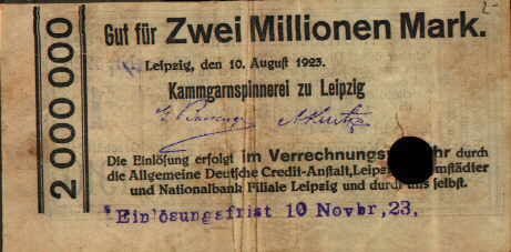 Vorderseite: 2 Mio. Mark  auf RS einen Dividendenschein