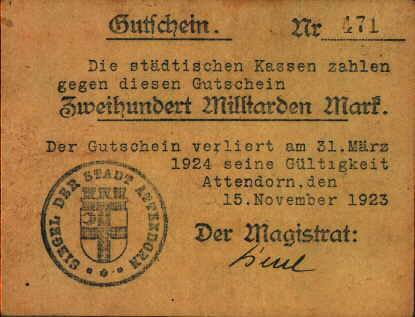 Vorderseite: 200 Mrd. Mark  auf RS einer Lebensmittelkarte