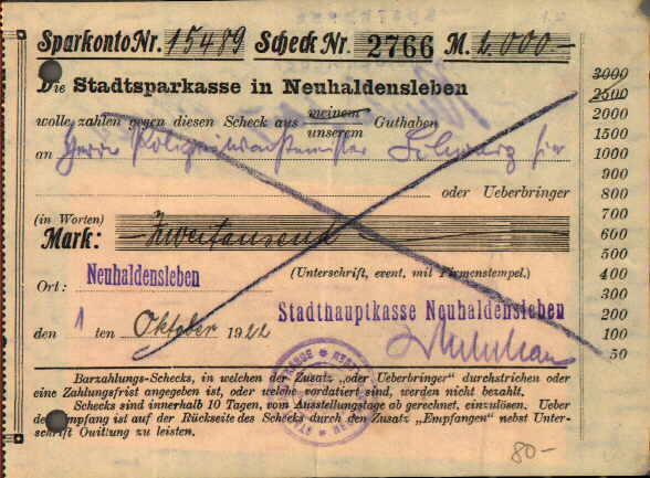Vorderseite: 2.000 Mark  auf Scheck als Zahlungsmittel
